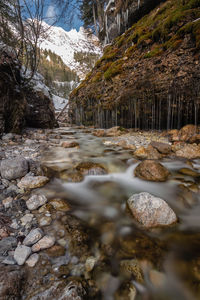 Surface level of stream flowing through rocks