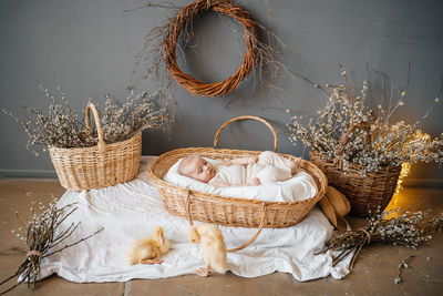 Baby lies in a wicker basket gray background willow eco style