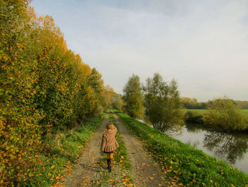 Rear view of girl on road amidst trees against sky