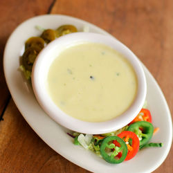 High angle view of salad in bowl on table