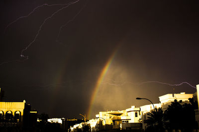 Low angle view of buildings against sky at night