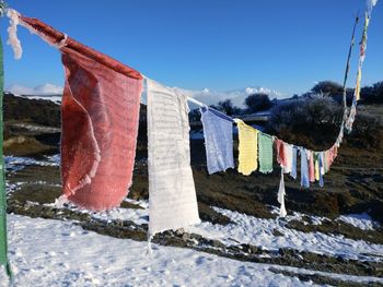 Colorful prayer flags hanging over landscape against blue sky during winter