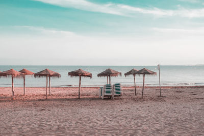 Beach umbrellas on sandy beach by sea