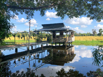 Scenic view of lake by building against sky