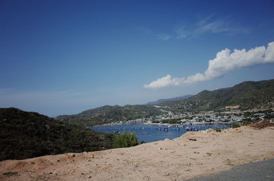 Scenic view of beach against blue sky