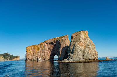 Rock formation in sea against clear blue sky