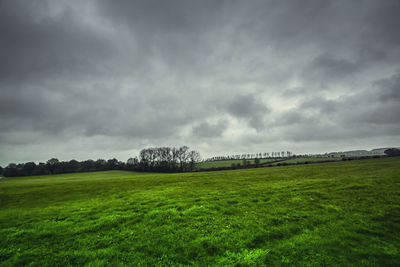 Scenic view of grassy field against cloudy sky