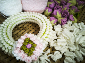 High angle view of pink flowers in basket