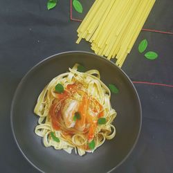 High angle view of food in plate on table