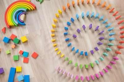 High angle view of multi colored toys on table