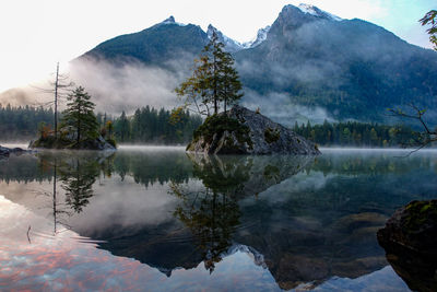 Scenic view of lake and mountains against sky