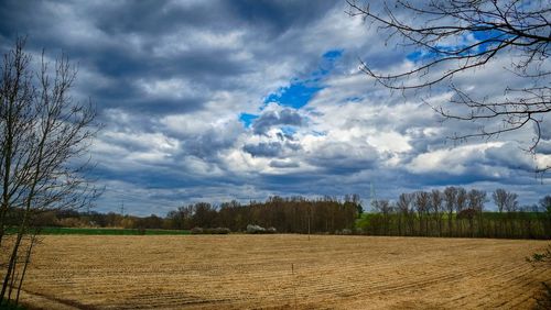 Scenic view of field against cloudy sky