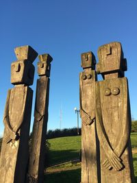 Old wooden post on field against clear blue sky