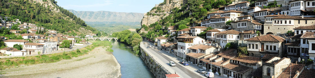 High angle view of townscape by road in city