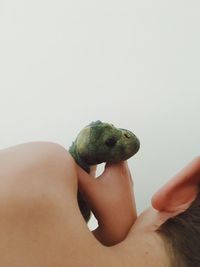 Close-up of woman holding hands over white background