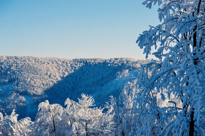 Scenic view of snowcapped mountains against clear sky