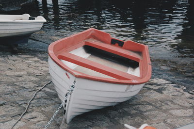 High angle view of boat moored at harbor