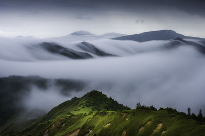 Scenic view of mountains in foggy weather