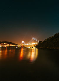 Illuminated bridge over river at night