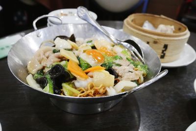 Close-up of meal served on table