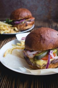 Close-up of burger in plate on table