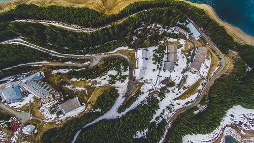 High angle view of trees and mountains