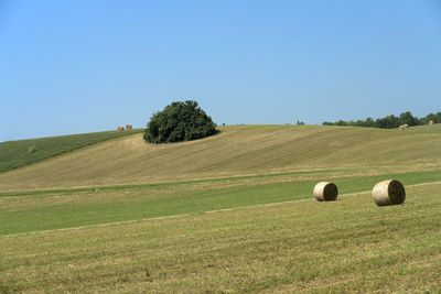 Hay bales on field against clear sky