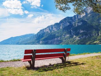 Bench by the wallen see lake in switzerland