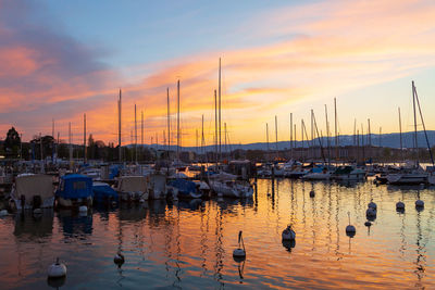 Sailboats moored at harbor during sunset