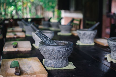 Close-up of work tools on table