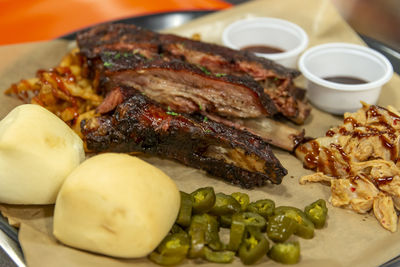 Close-up of meal served on table