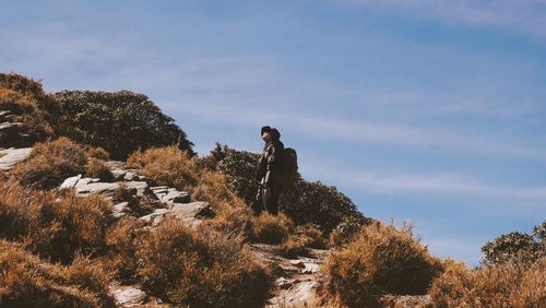 Man standing by plants against sky