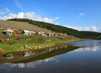 Houses by lake against sky