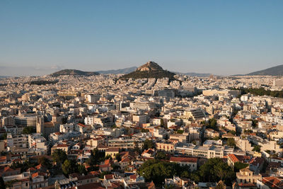 High angle view of townscape against clear sky