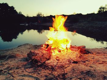 Close-up of bonfire against trees during sunset