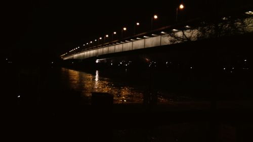 Illuminated bridge over river in city at night