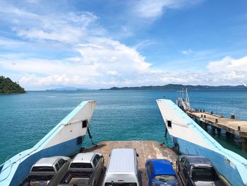 High angle view of sea against blue sky