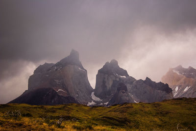 Scenic view of mountains against cloudy sky