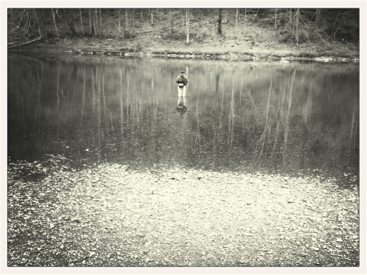 water, transfer print, auto post production filter, lifestyles, lake, reflection, standing, waterfront, leisure activity, full length, rippled, river, men, rear view, day, nature, outdoors, walking