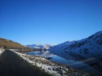 Scenic view of snowcapped mountains against clear blue sky