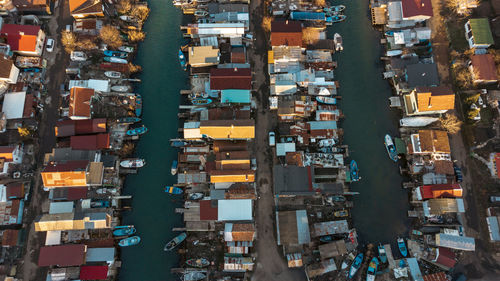 High angle view of illuminated cityscape