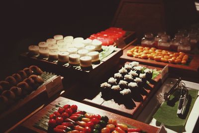 High angle view of various sushi arranged on table