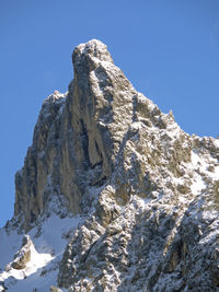 Low angle view of rock formations against clear blue sky