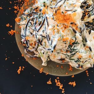 High angle view of dessert in plate on table