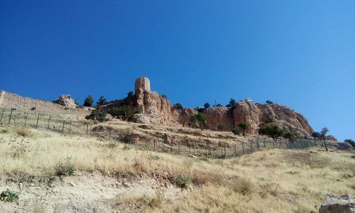 Scenic view of rocky mountains against clear blue sky