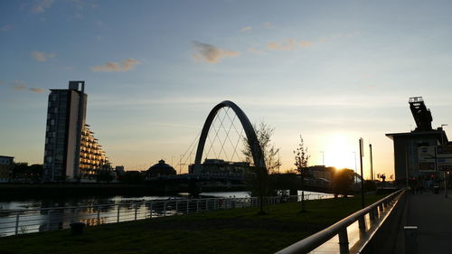 Bridge over river with city in background at sunset