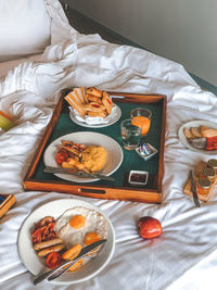 High angle view of breakfast served on table