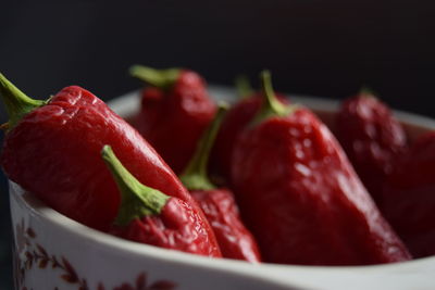 Close up of red chili peppers in bowl
