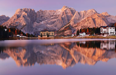 Scenic view of lake and mountains against sky