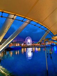 Reflection of illuminated ferris wheel in water